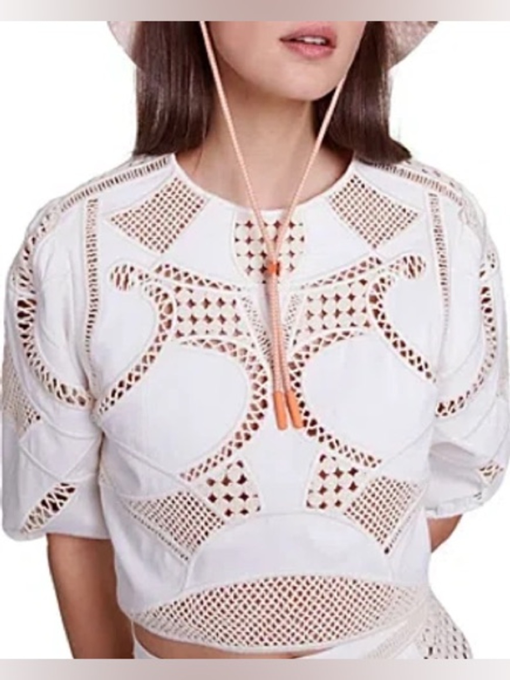 Maje Liany Lace Inset Crop Cotton Poplin Top in Ecru Size Medium 2